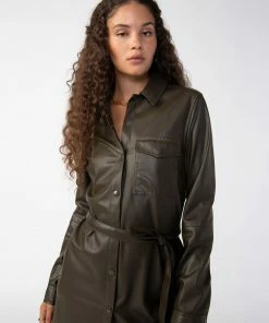 Sanctuary Clothing New Leather Like Shirt Dress Olive Oil