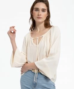 Sanctuary Clothing Sustainable Tie Ballet Neck Blouse Buttercream