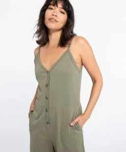 Sanctuary Clothing Button Front Knit Jumpsuit Trail Green