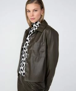 Sanctuary Clothing Leather Like Pocket Shirt Olive Oil