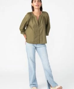 Sanctuary Clothing Poplin Button Front Blouse Olive Oil