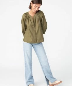 Sanctuary Clothing Poplin Button Front Blouse Olive Oil
