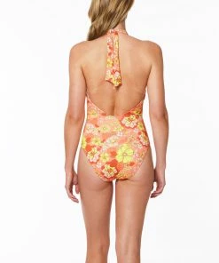 Sanctuary Swim Floral Collage Reversible High Leg Halter One-Piece Mango