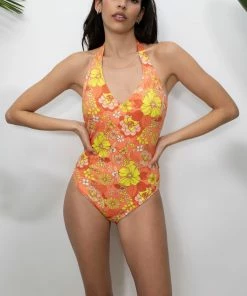 Sanctuary Swim Floral Collage Reversible High Leg Halter One-Piece Mango