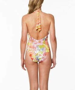 Sanctuary Swim Floral Collage Reversible High Leg Halter One-Piece Mango