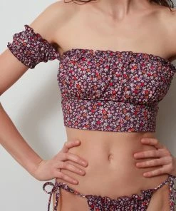 Sanctuary Swim Peasant Off The Shoulder Crop Bikini Top Retrograde Print