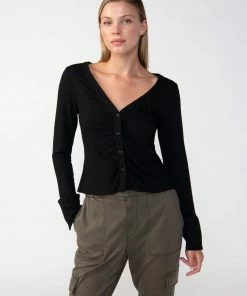 Sanctuary Clothing Wide Cuff Knit Blouse Black