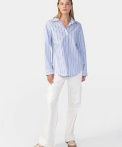 Sanctuary Clothing Slit Back Tunic Blouse Angel Blue Stripe