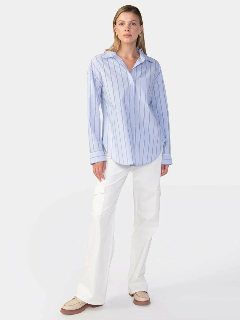 Sanctuary Clothing Slit Back Tunic Blouse Angel Blue Stripe 2 Sanctuary Clothing Slit Back Tunic Blouse Angel Blue Stripe