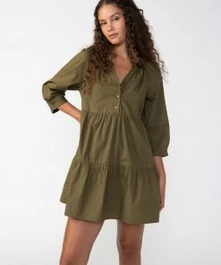Sanctuary Clothing Button Babydoll Mini Dress Olive Oil