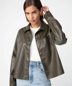 Sanctuary Clothing Leather Like Pocket Shirt Olive Oil